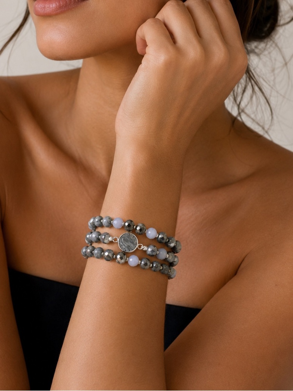 Elegant Gray Beaded Triple-Row Bracelet